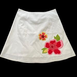 George, White A-Line cotton skirt with embroidered flowers bright colors, Sz. 16